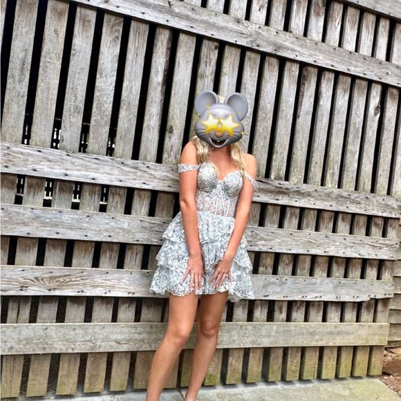 Sherri Hill Silver Strapless Lace Dress - Picture 1 of 16
